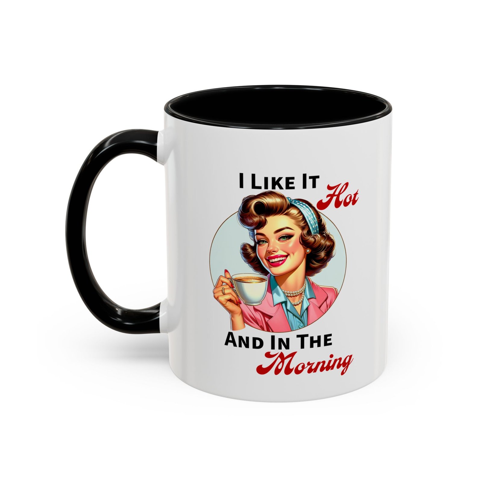 I Like It Hot retro pin-up coffee mug, white with colored handle and inside