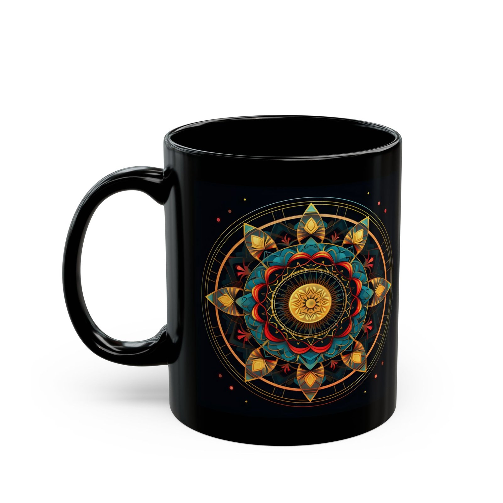 Leaves Mandala gold black coffee mug, black ceramic