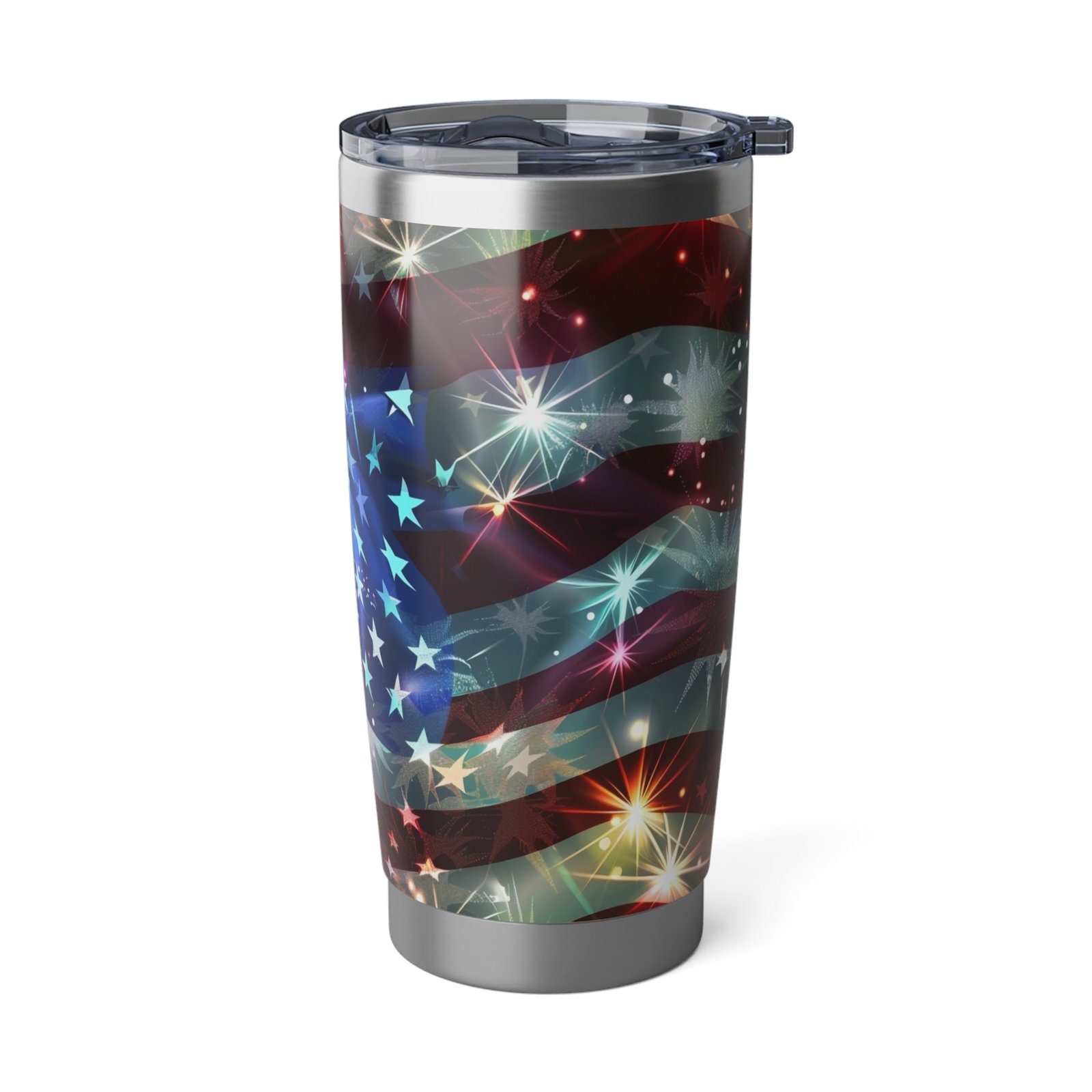 Stainless steel 20oz tumbler with sparkling American flag with glowing stars