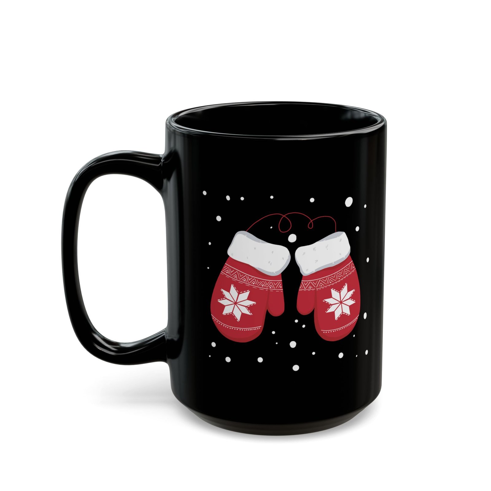 Christmas Mittens snowflake black coffee mug, black ceramic