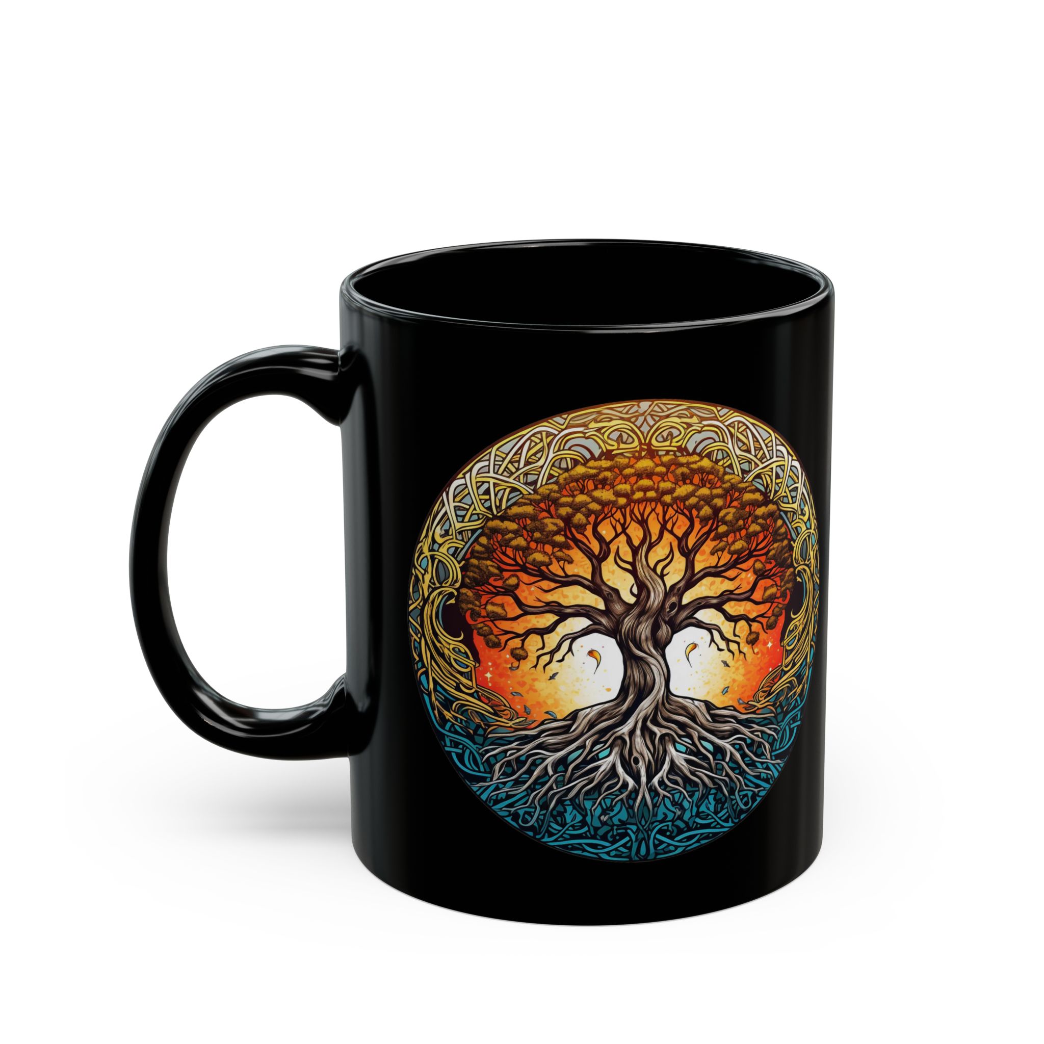 Tree of Life mandala black coffee mug, black ceramic