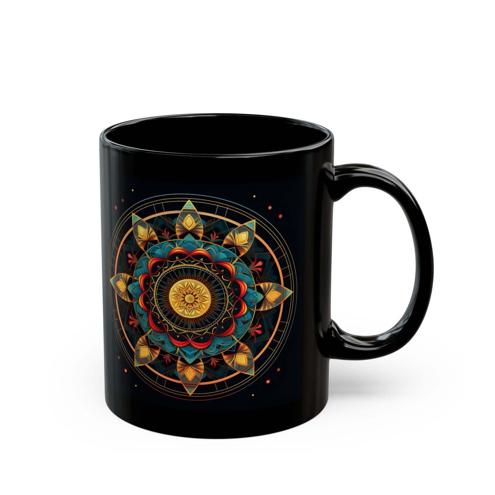 Black ceramic mug with gold and teal leaf mandala