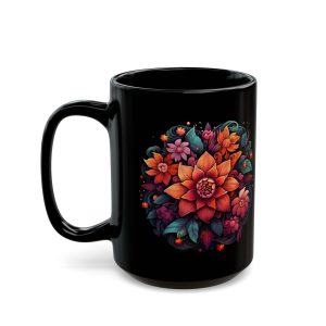 Orange Floral Mandala black coffee mug, black ceramic