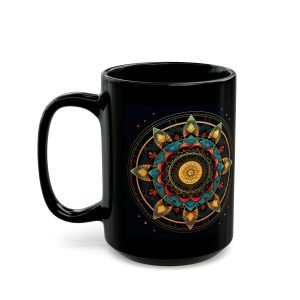 Leaves Mandala gold black coffee mug, black ceramic