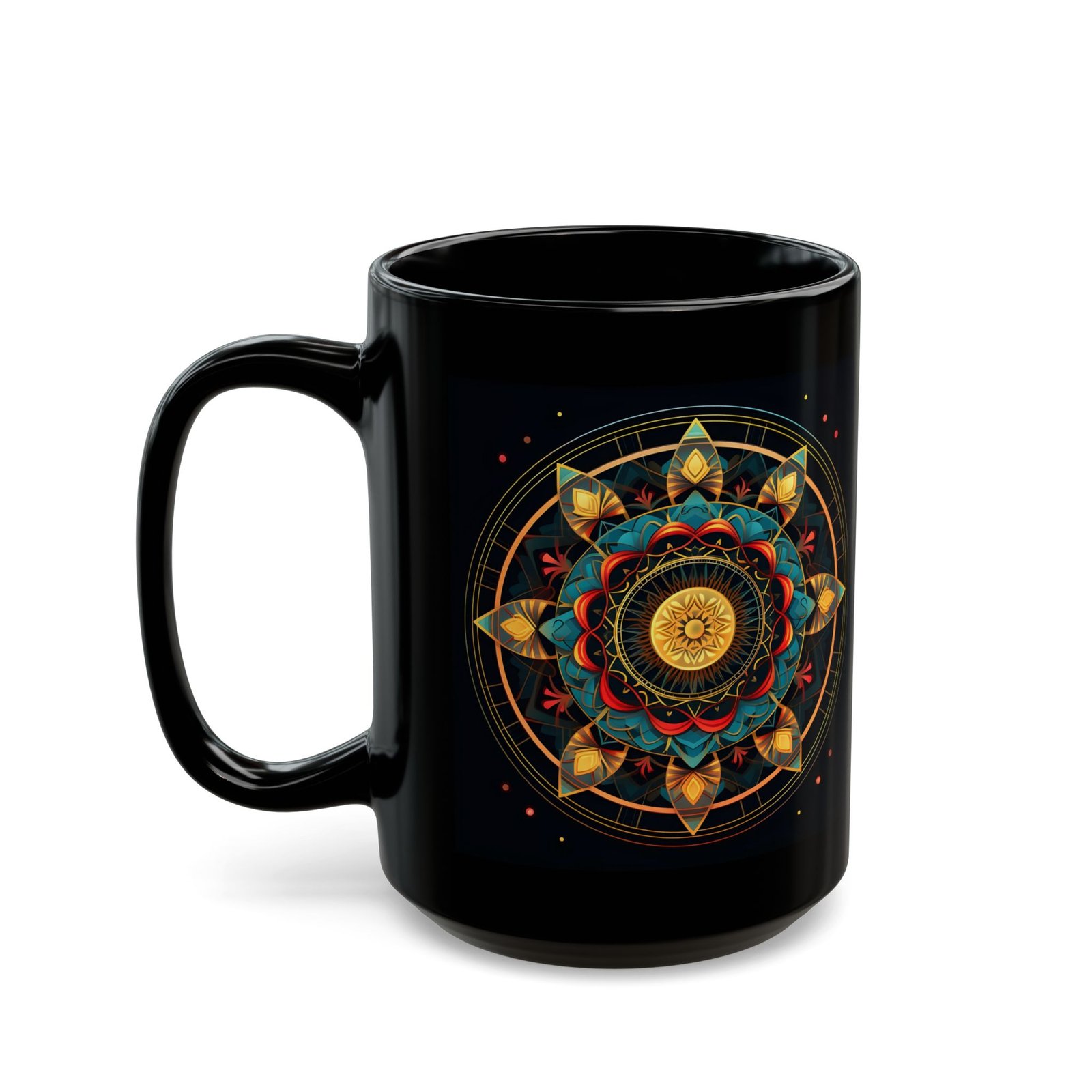 Leaves Mandala gold black coffee mug, black ceramic