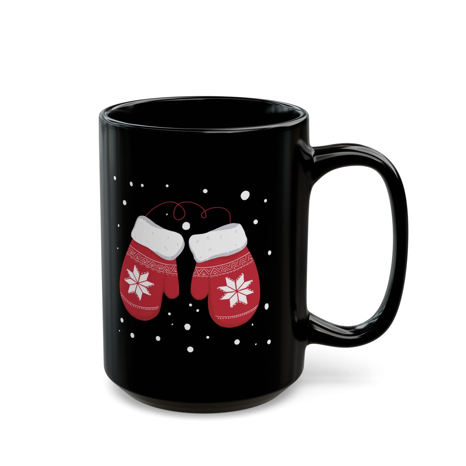 Christmas Mittens snowflake black coffee mug, black ceramic