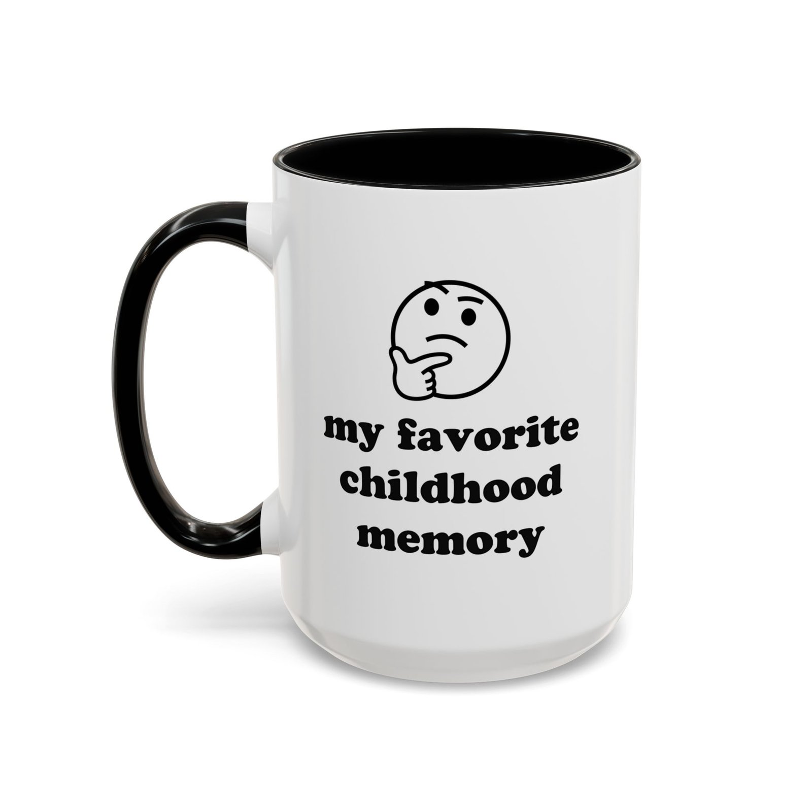 Favorite Childhood Memory back pain mug, white with black handle and inside