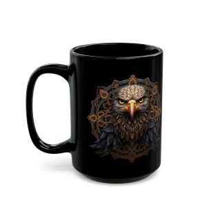 Eagle Mandala black coffee mug, black ceramic