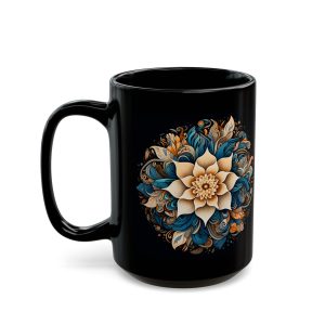 Cream Floral Mandala black coffee mug, black ceramic