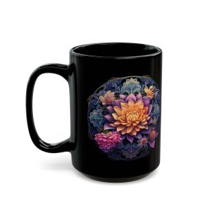 Floral Mandala purple black coffee mug, black ceramic