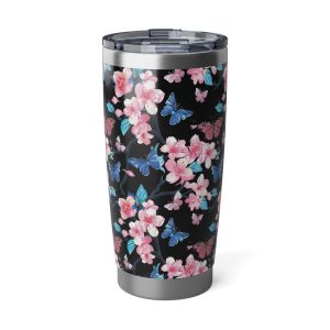 Cherry Blossom Butterfly black 20oz tumbler, stainless steel