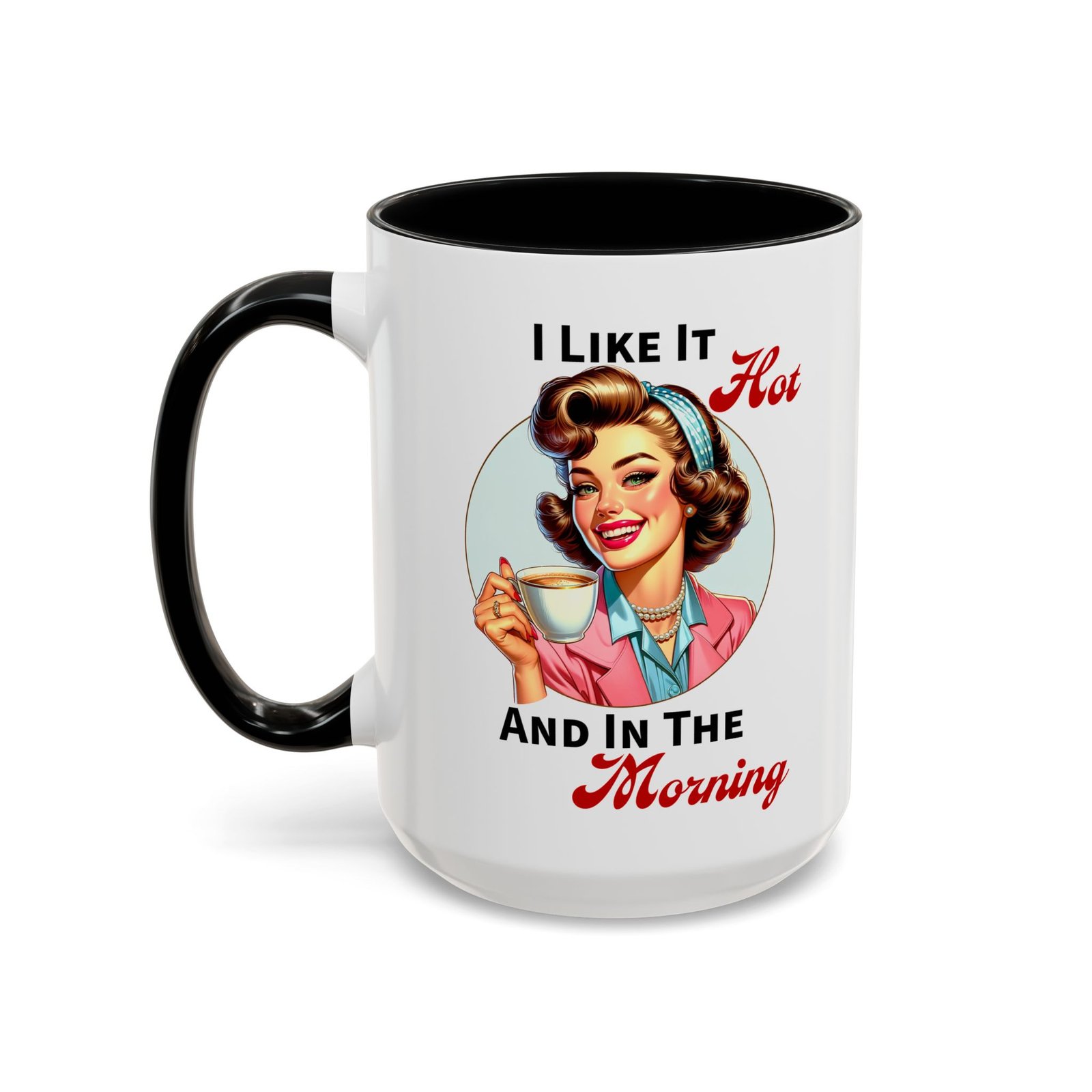 I Like It Hot retro pin-up coffee mug, white with colored handle and inside