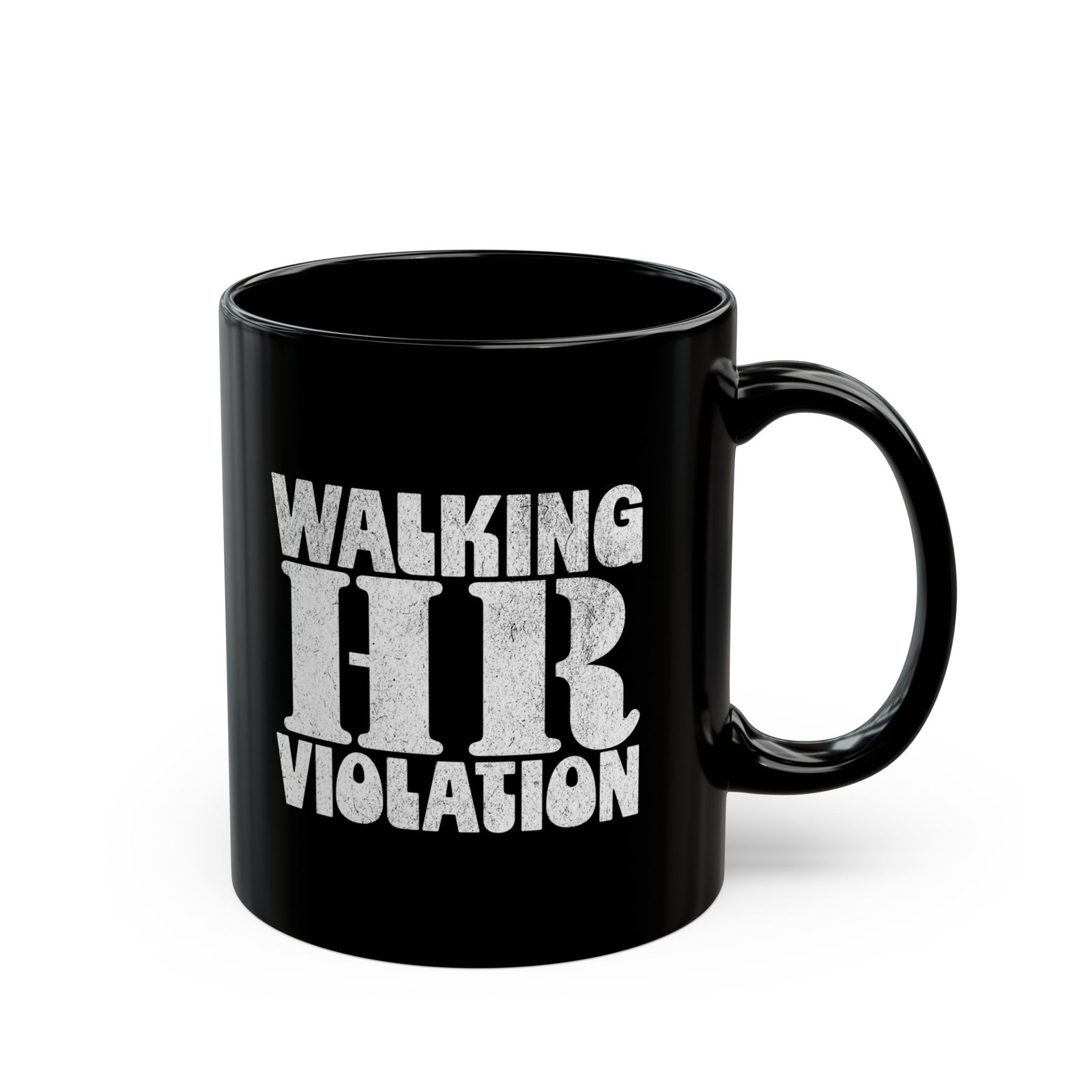 Black ceramic mug with Walking HR Violation