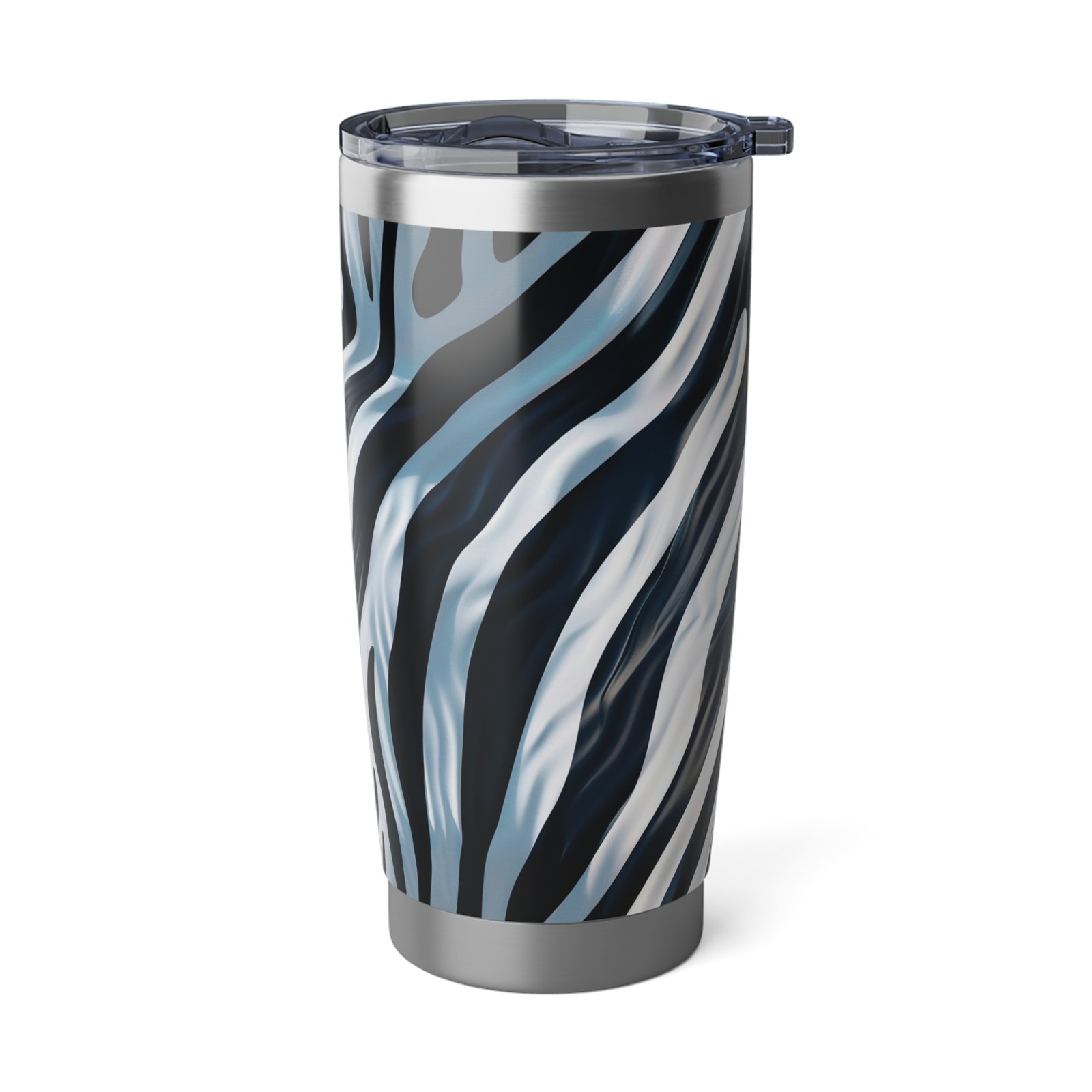 Stainless steel 20oz tumbler with glossy black and white wavy zebra stripes