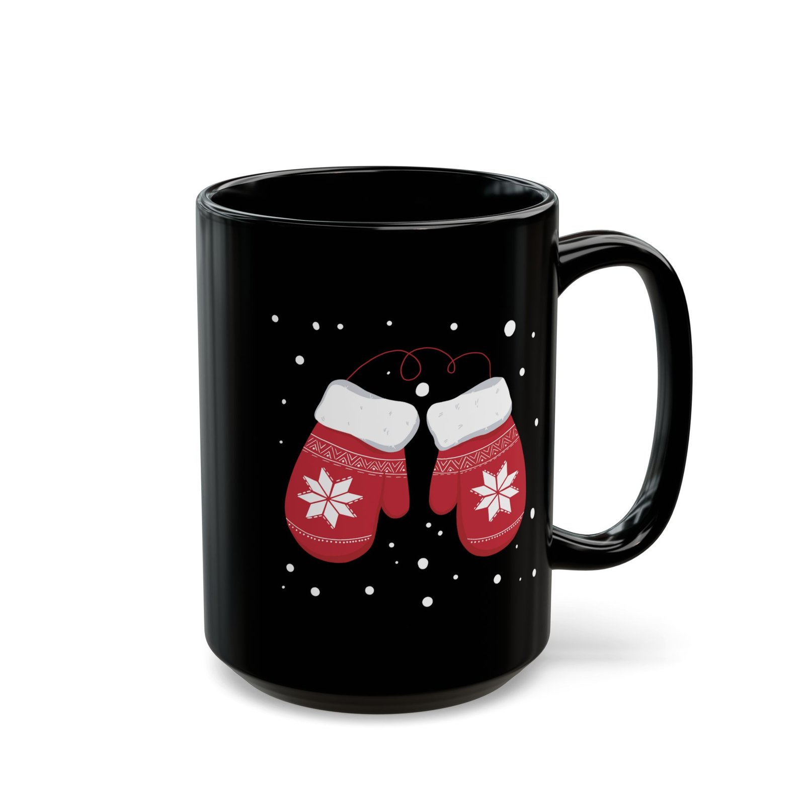 Christmas Mittens snowflake black coffee mug, black ceramic