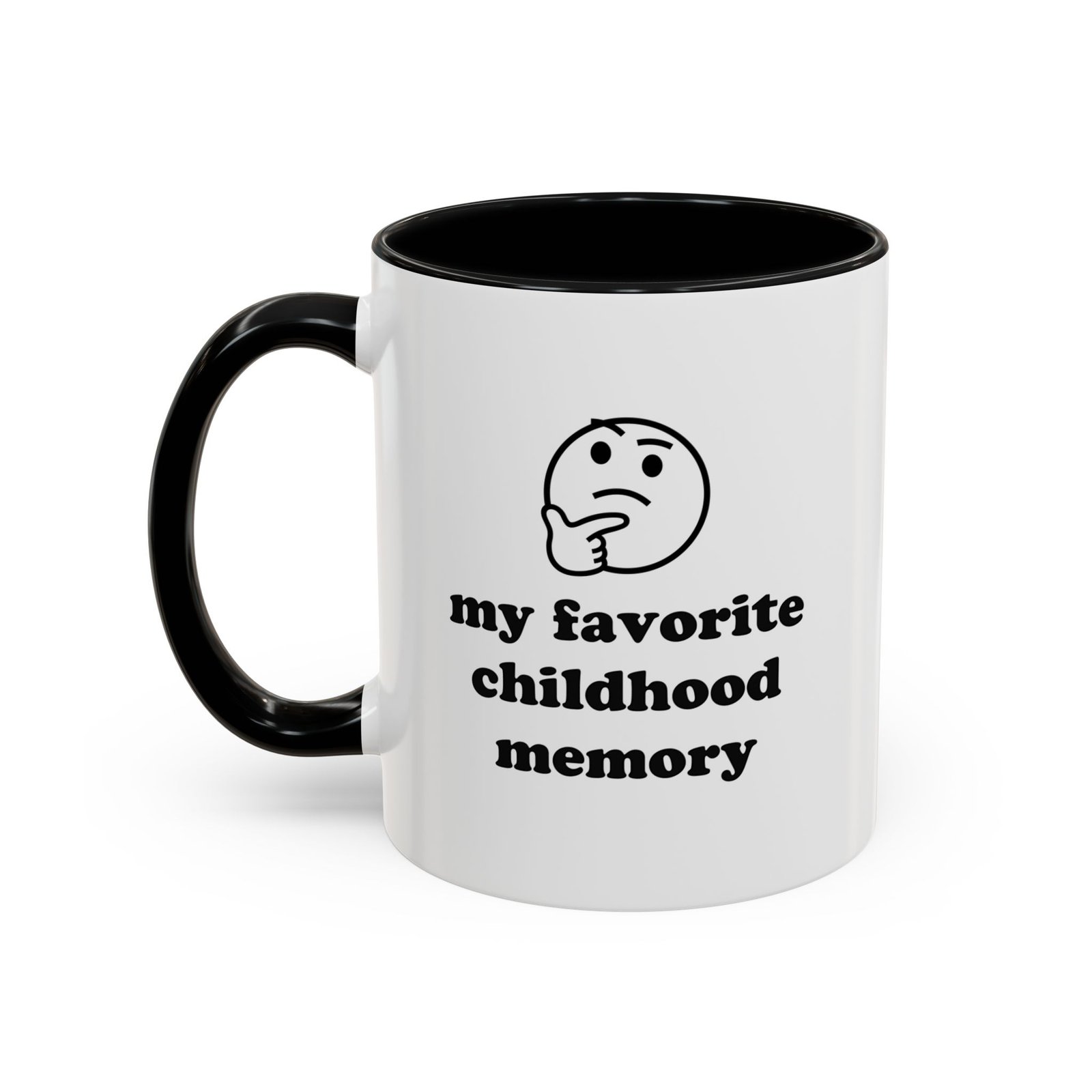 Favorite Childhood Memory back pain mug, white with black handle and inside