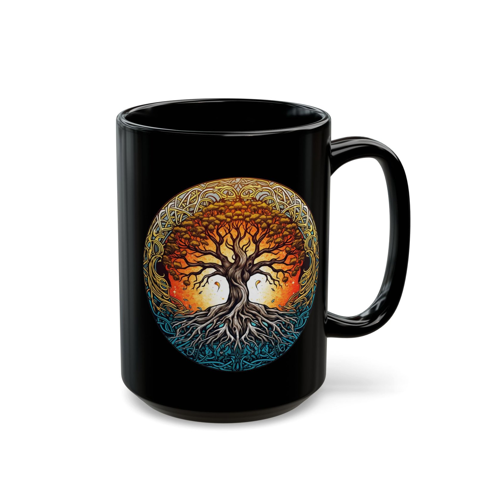 Tree of Life mandala black coffee mug, black ceramic