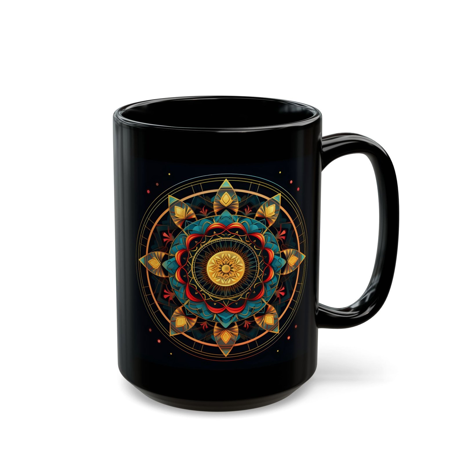 Leaves Mandala gold black coffee mug, black ceramic