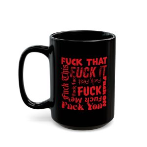 F Word collage funny black coffee mug, black ceramic