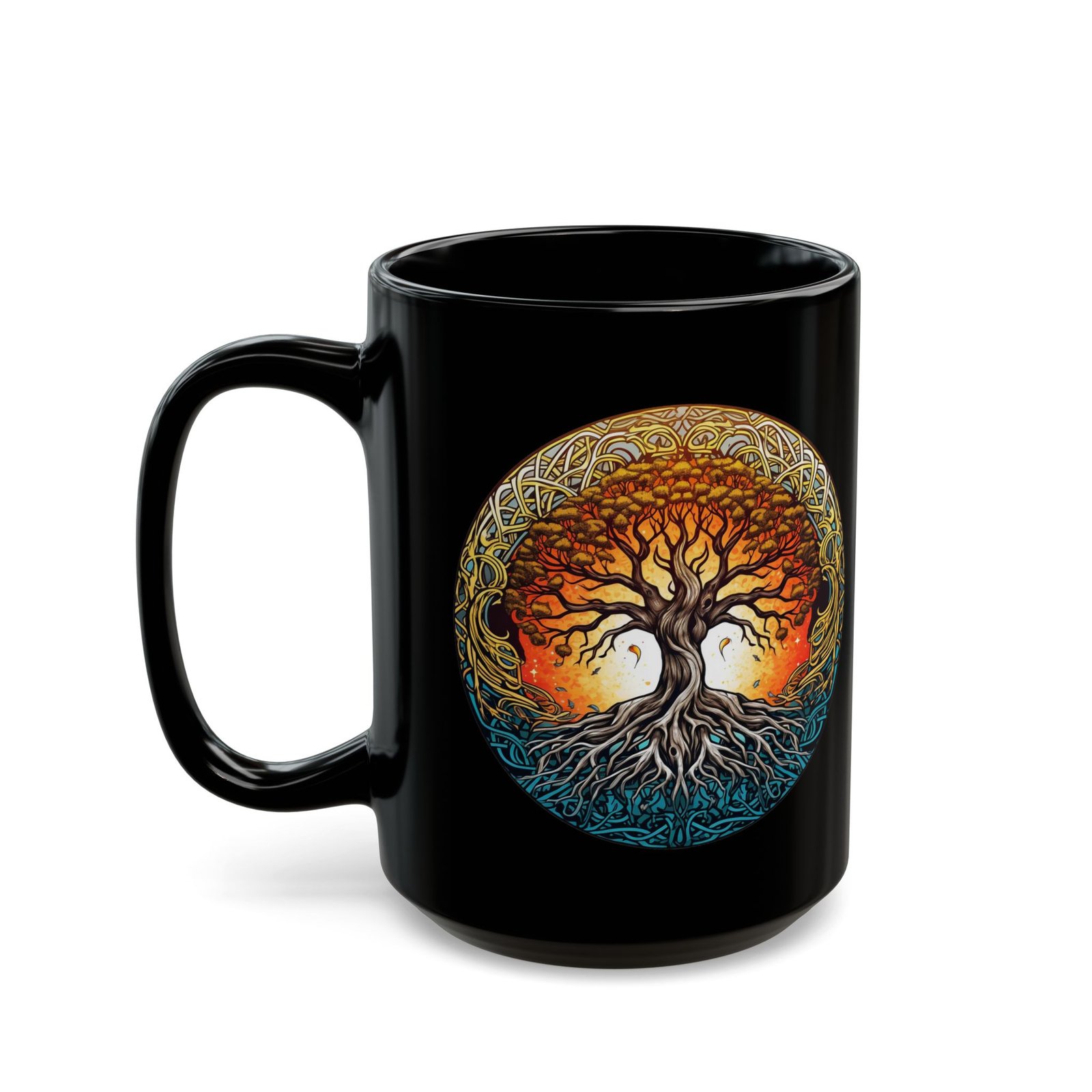 Tree of Life mandala black coffee mug, black ceramic