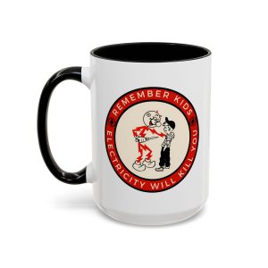 Electricity Kills electrician coffee mug, white with colored handle and inside