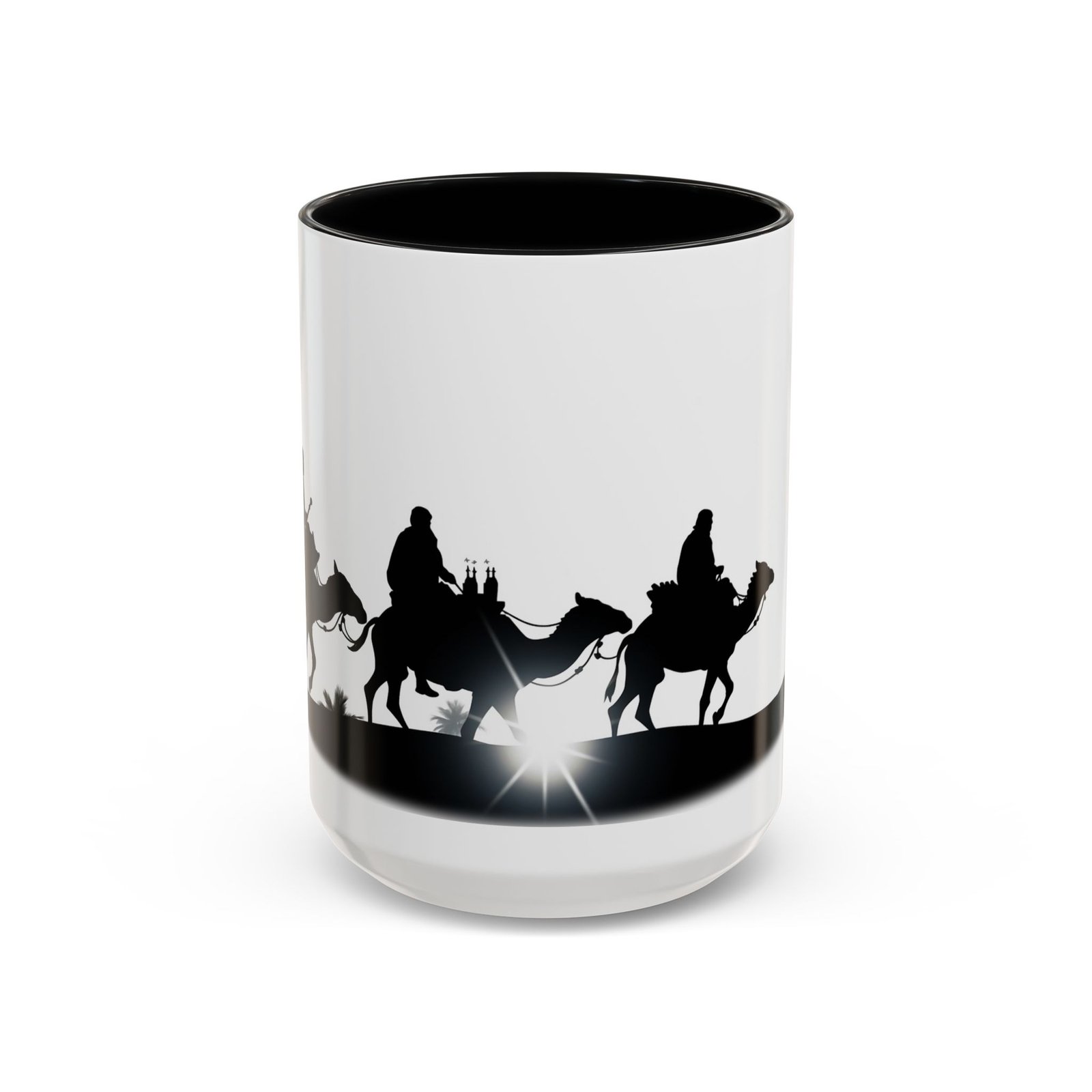 Three Wise Men Christmas star coffee mug, white with black handle and inside