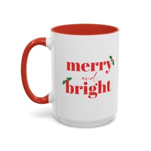 Merry and Bright Christmas coffee mug, white with colored handle and inside