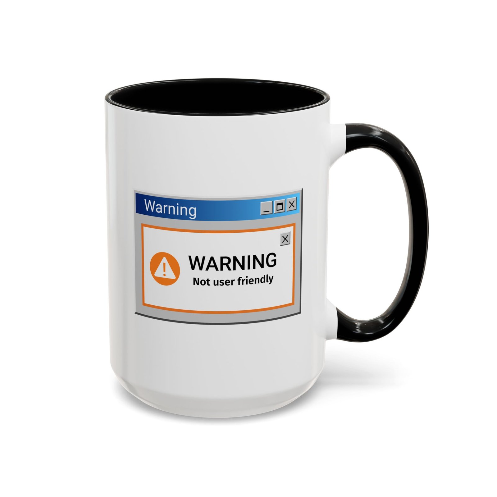 Not User Friendly warning coffee mug, white with colored handle and inside