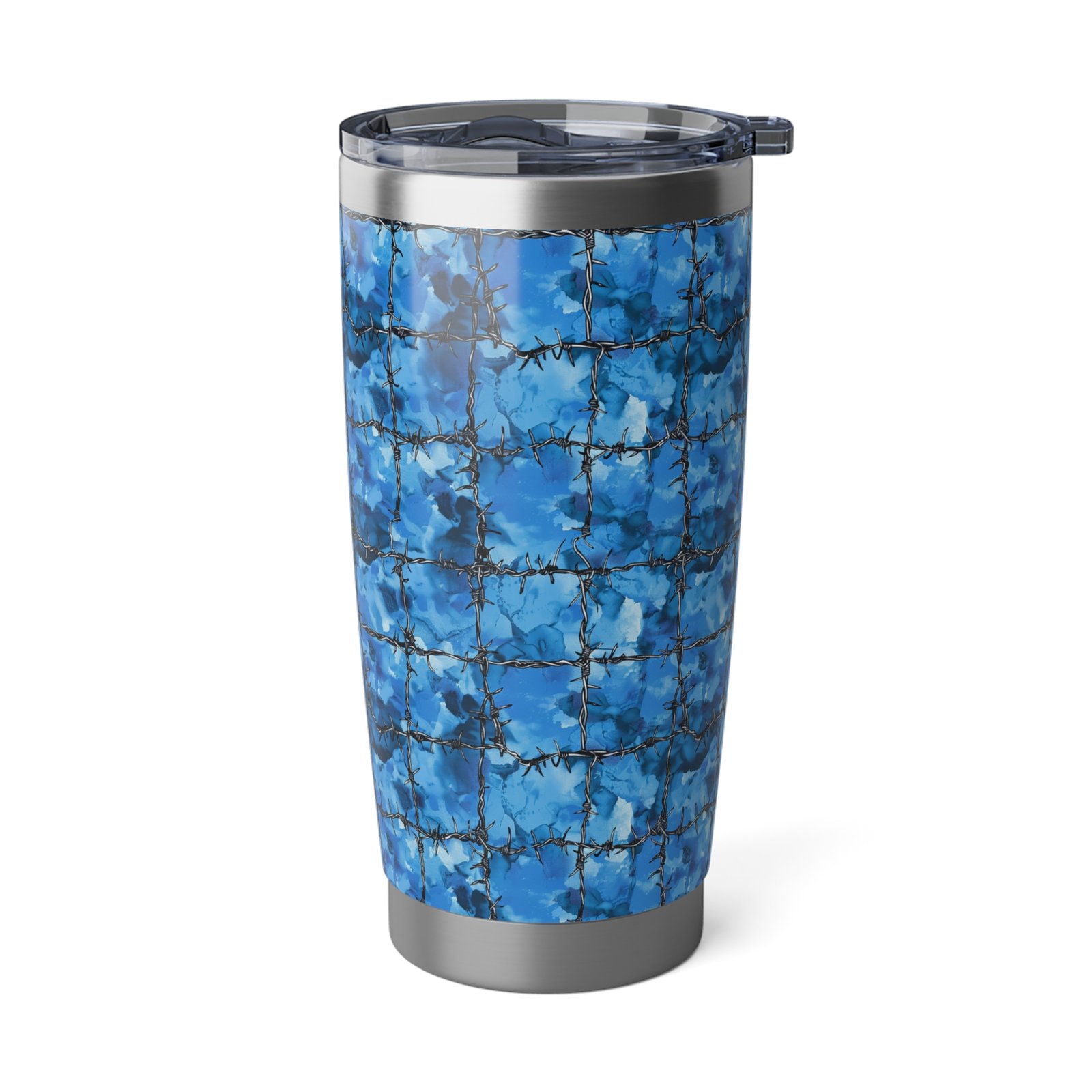 Stainless steel 20oz tumbler with barbed wire over icy blue
