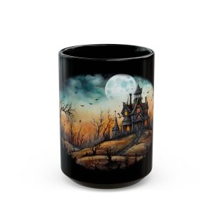 Haunted House full moon coffee mug, black ceramic