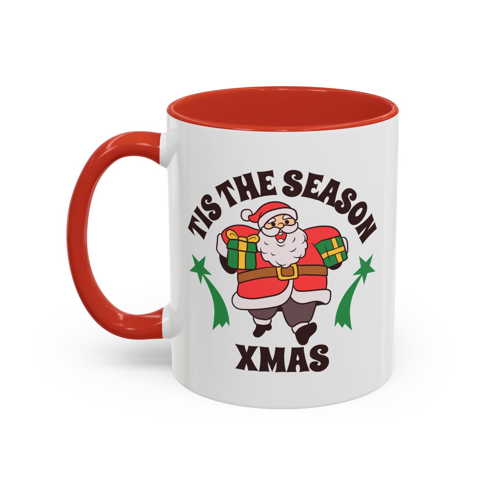 White with colored handle and inside mug with cartoon Santa carrying presents, Tis The Season Xmas