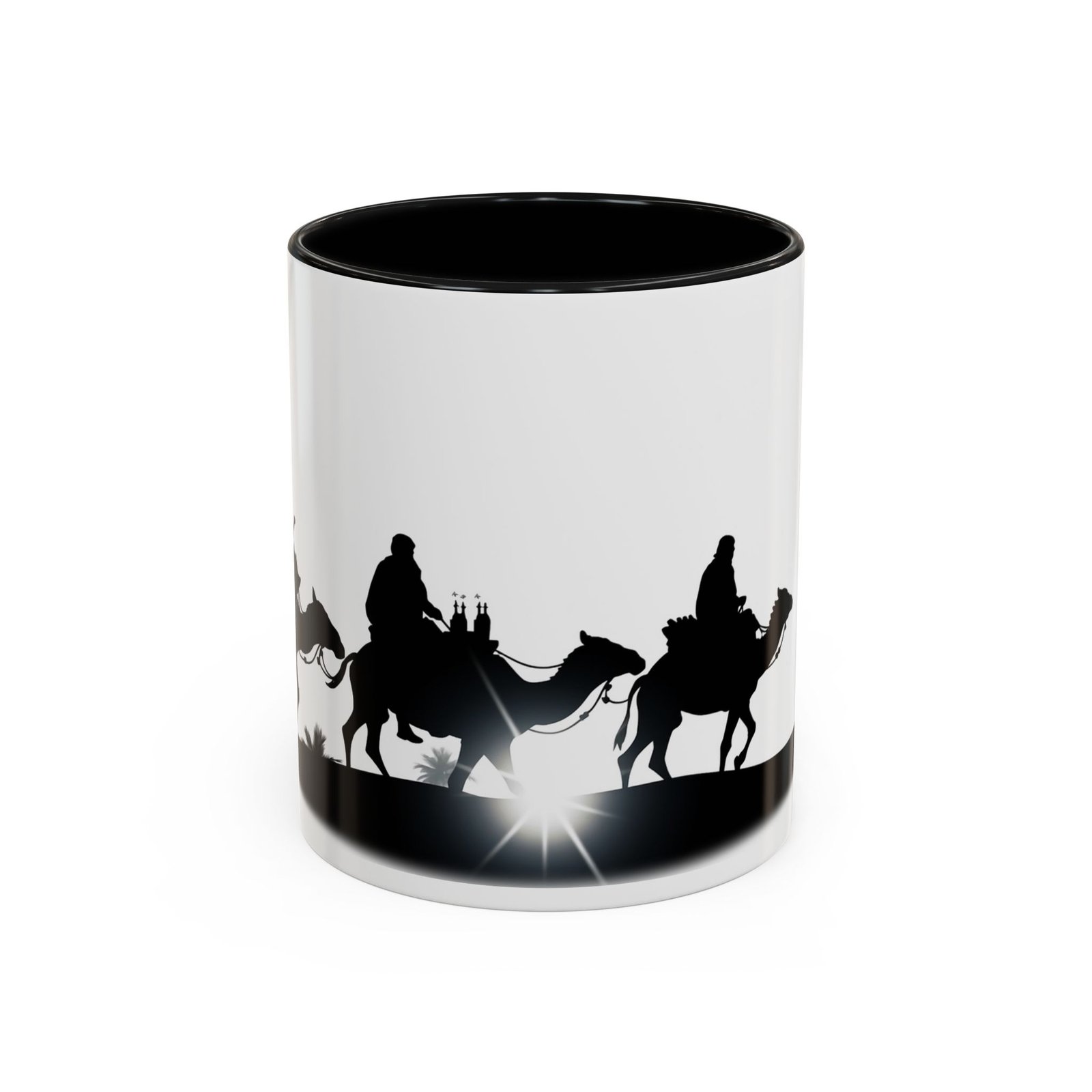 White with black handle and inside mug with Wise Men silhouettes following the star