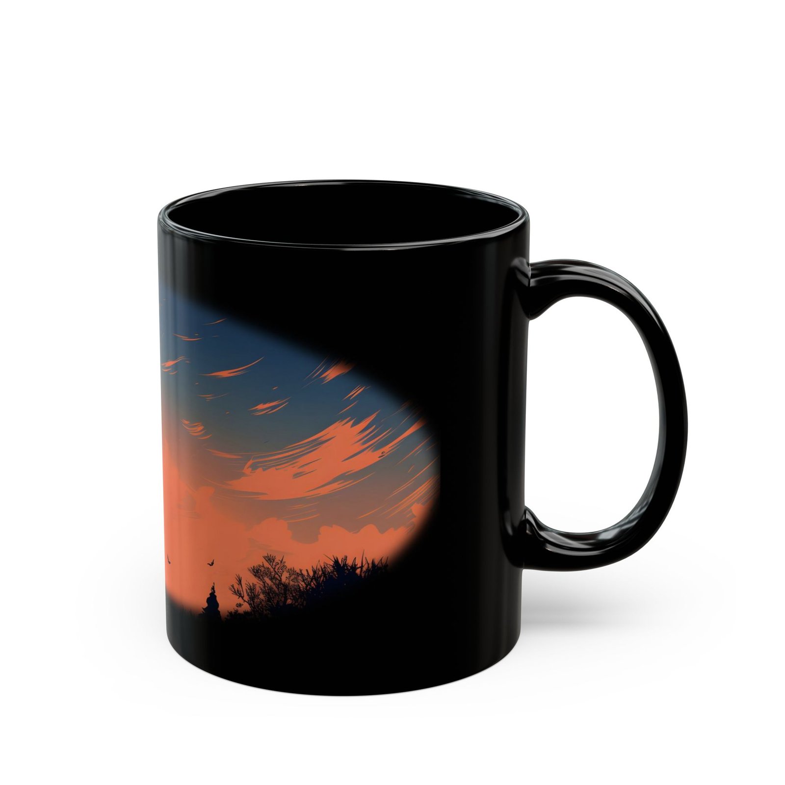 Black ceramic mug with witch silhouette flying past the moon