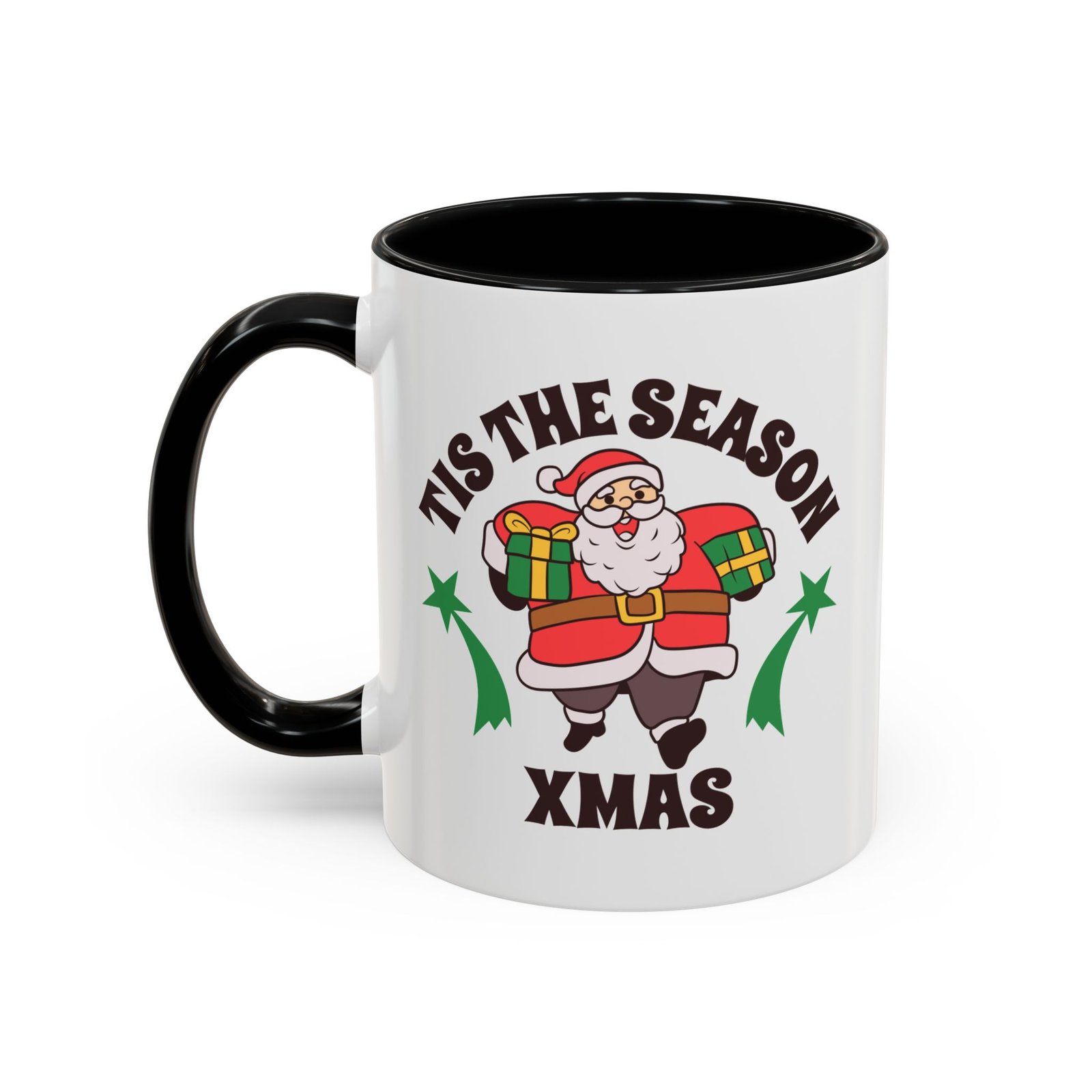 White with colored handle and inside mug with cartoon Santa carrying presents, Tis The Season Xmas