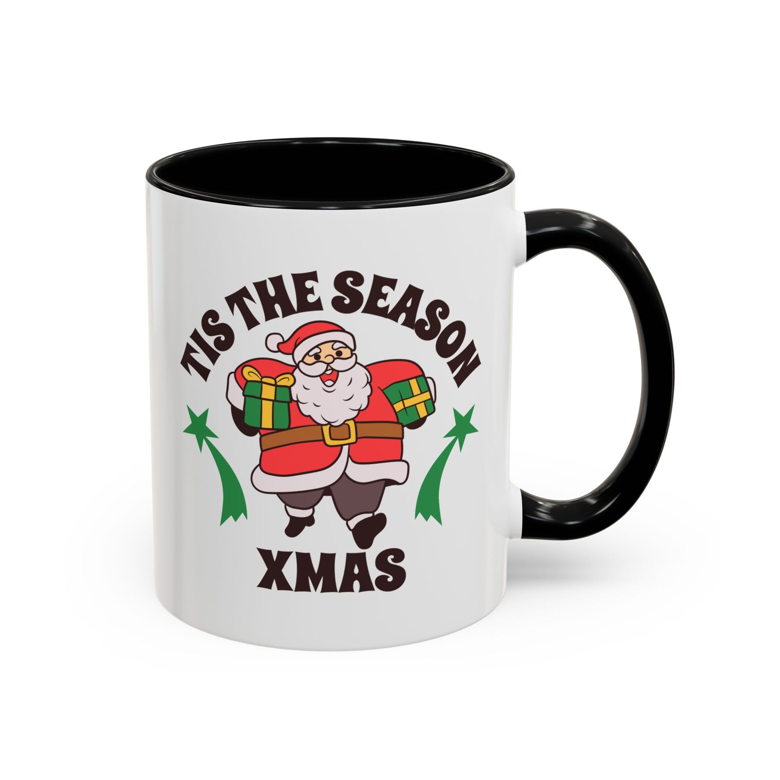 Tis The Season Santa Christmas mug, white with colored handle and inside