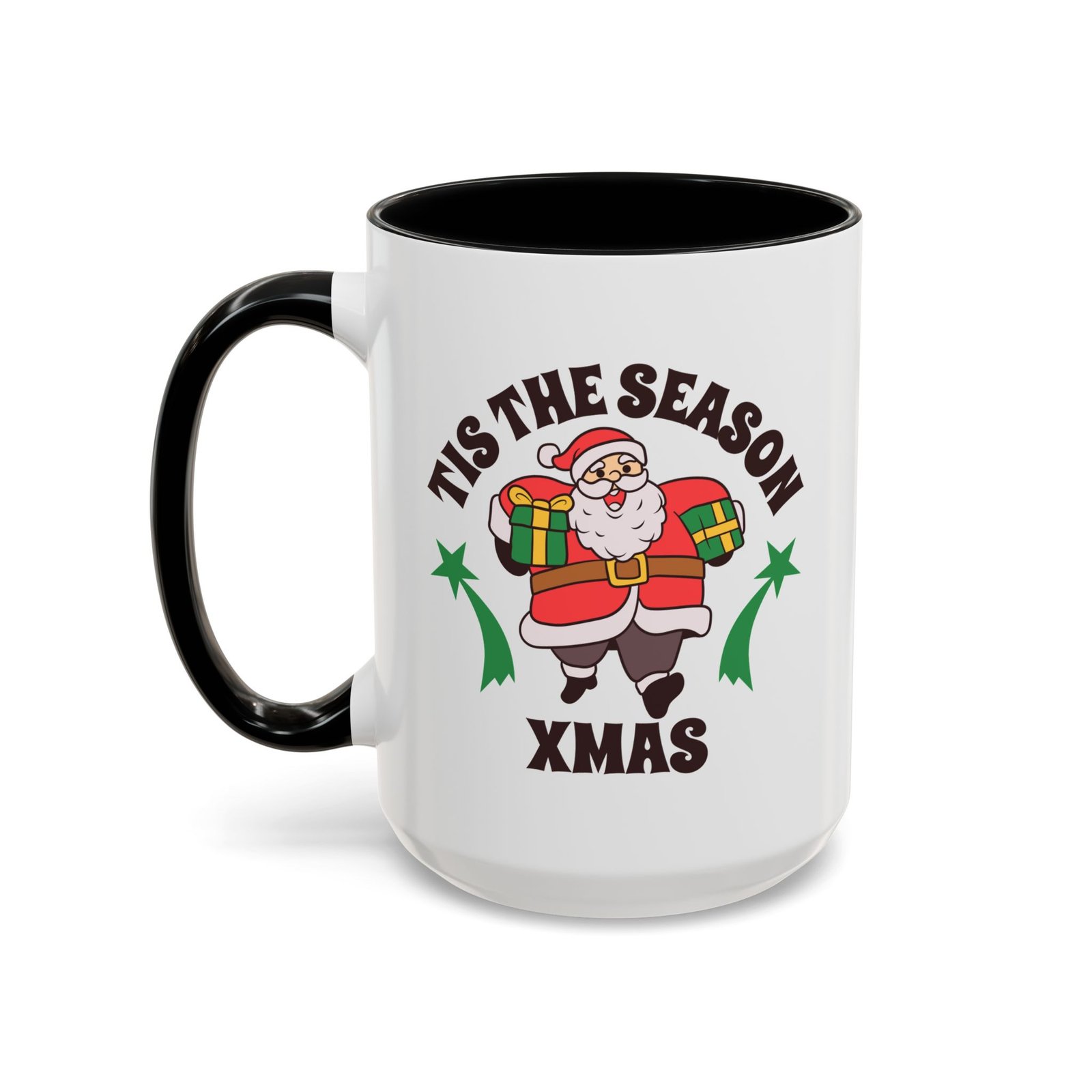Tis The Season Santa Christmas mug, white with colored handle and inside