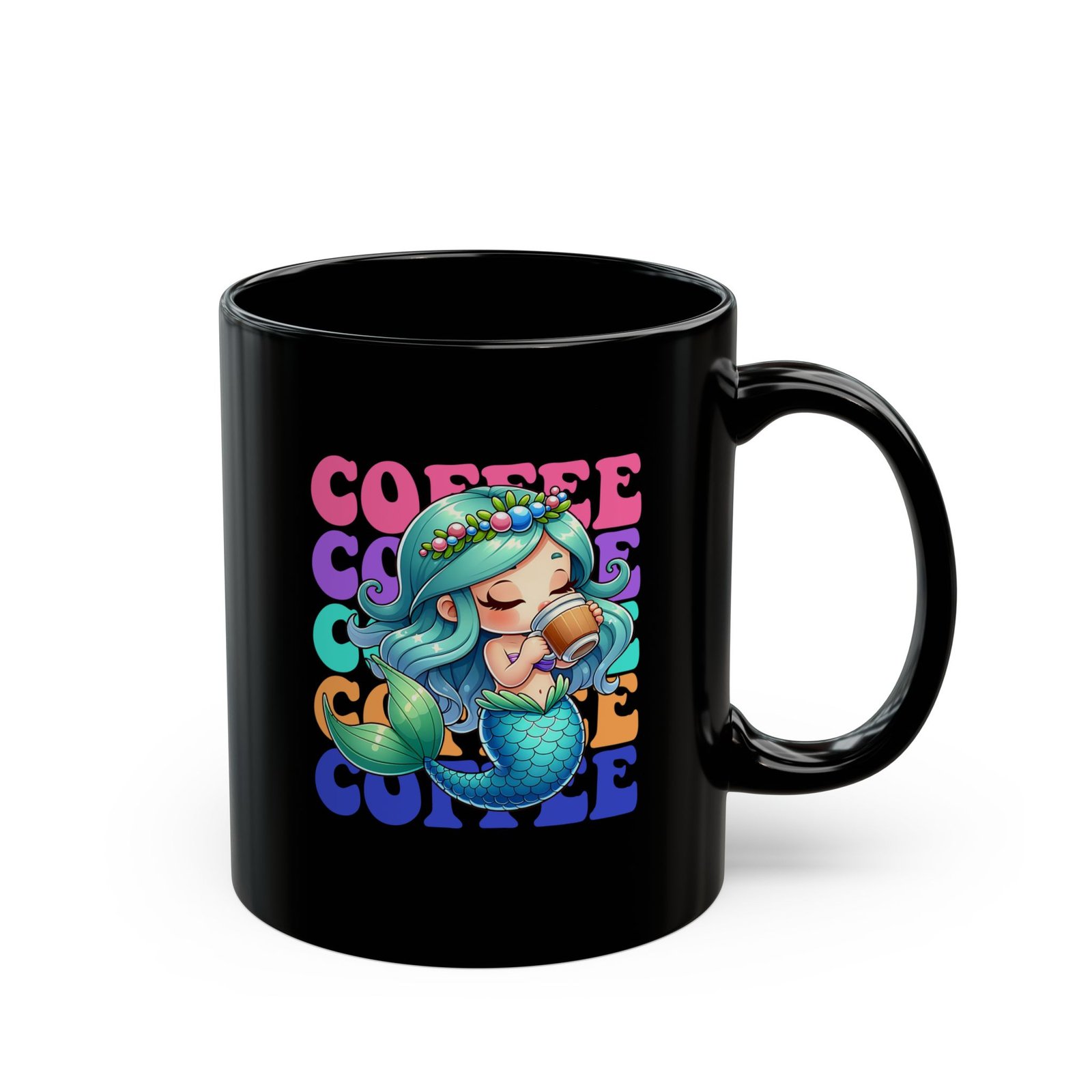 Black ceramic mug with mermaid sipping coffee