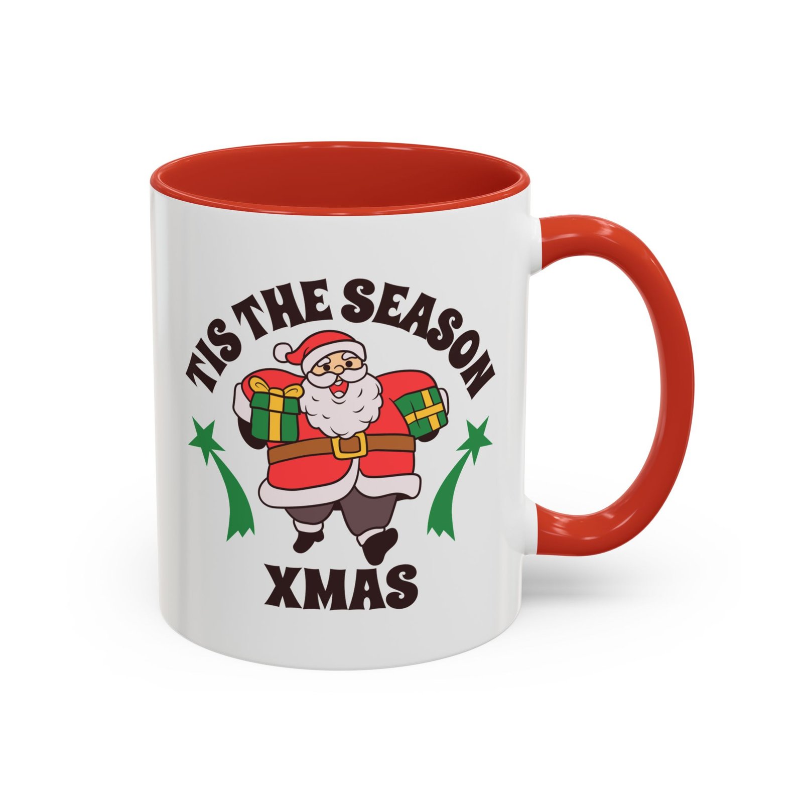 White with colored handle and inside mug with cartoon Santa carrying presents, Tis The Season Xmas