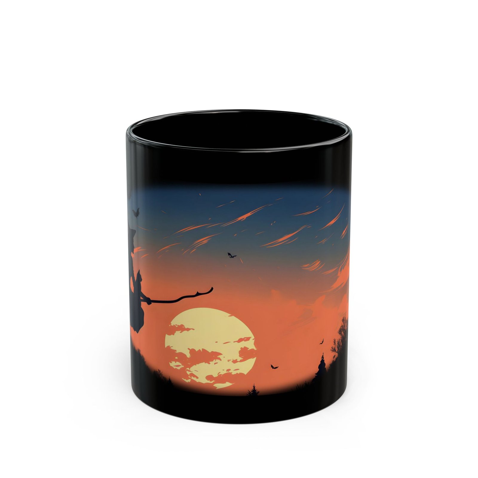 Black ceramic mug with witch silhouette flying past the moon