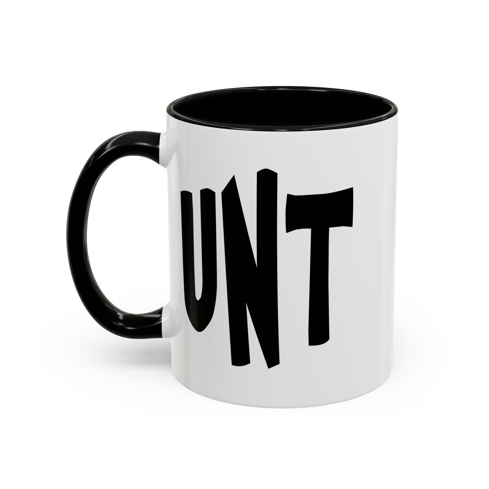 UNT handle C adult humor coffee mug, white with black handle and inside