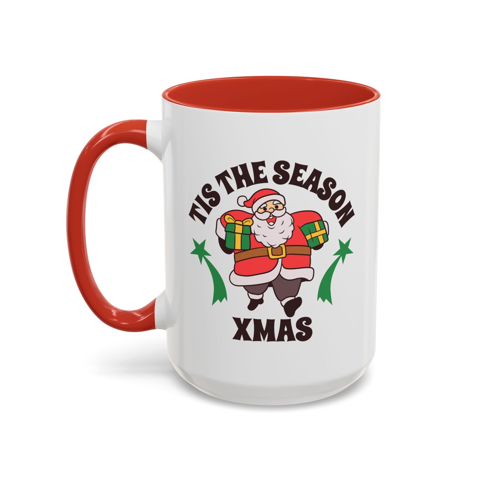 White with colored handle and inside mug with cartoon Santa carrying presents, Tis The Season Xmas