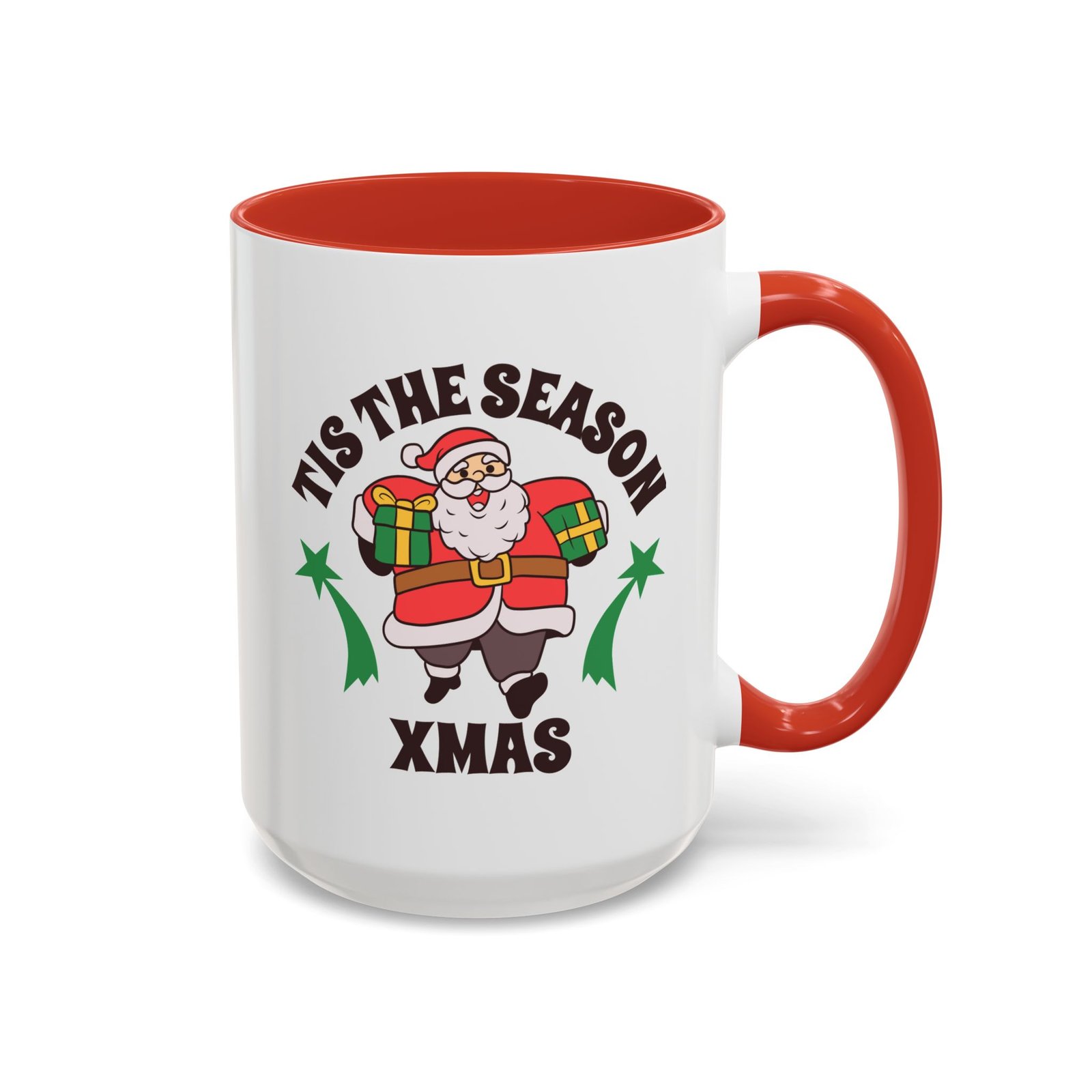 White with colored handle and inside mug with cartoon Santa carrying presents, Tis The Season Xmas