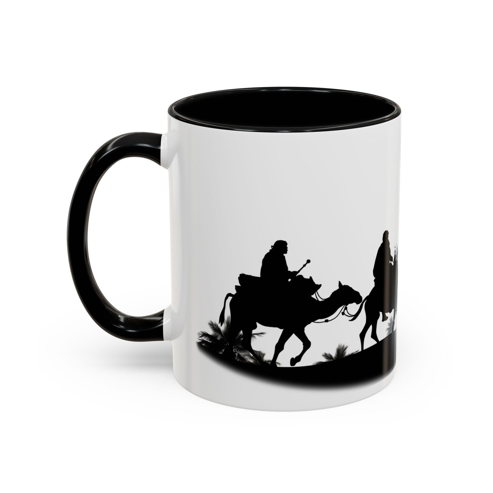 White with black handle and inside mug with Wise Men silhouettes following the star