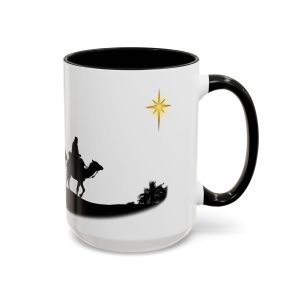 Three Wise Men Christmas star coffee mug, white with black handle and inside