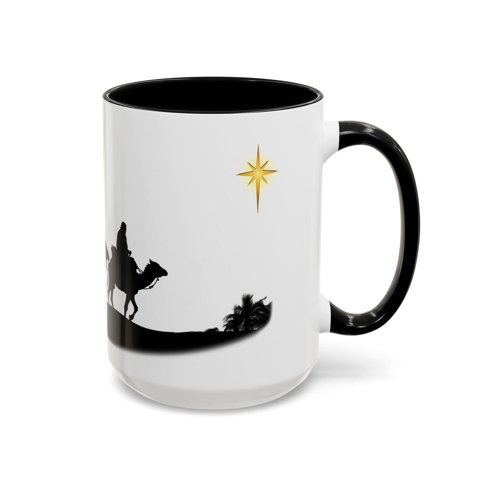 Three Wise Men Christmas star coffee mug, white with black handle and inside