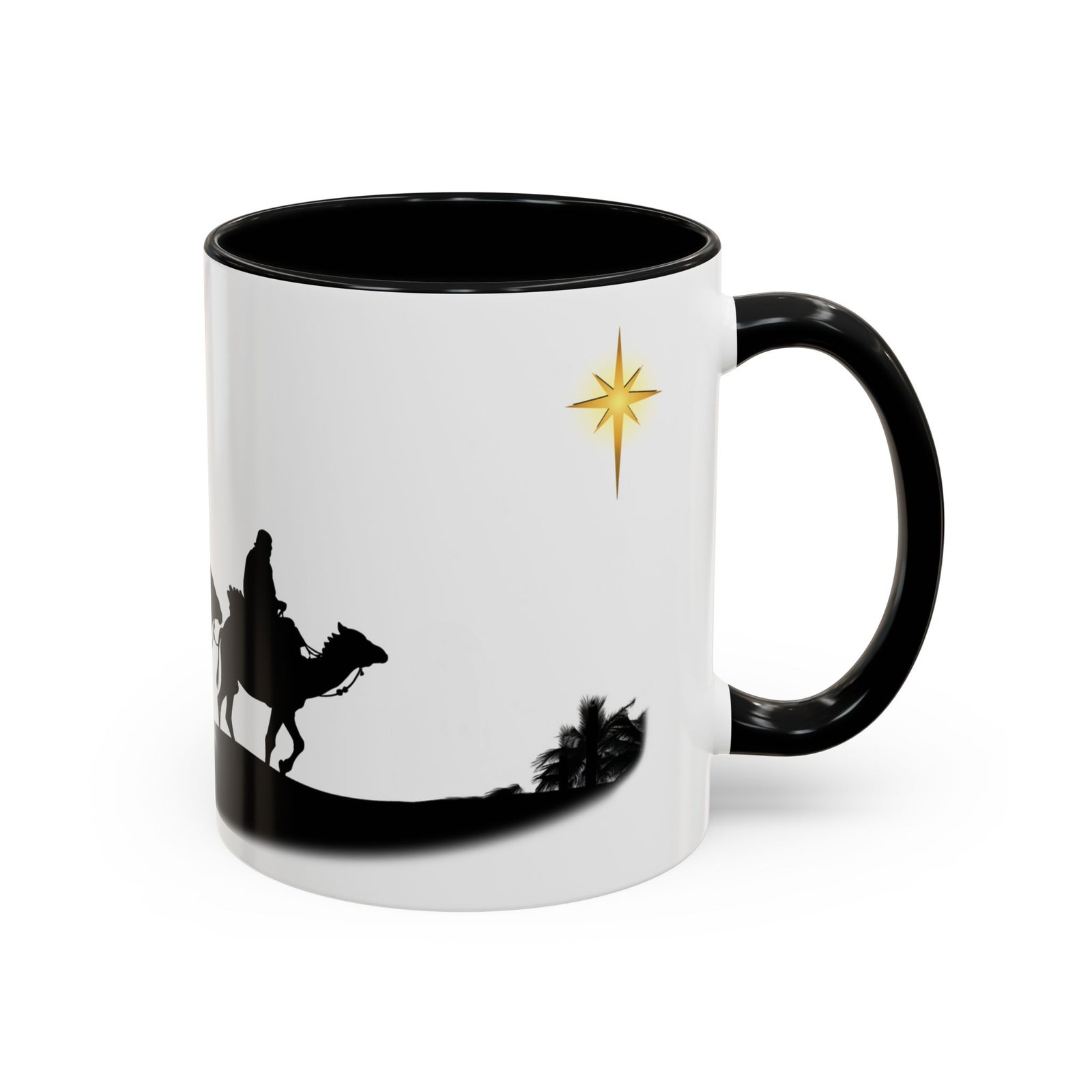 White with black handle and inside mug with Wise Men silhouettes following the star