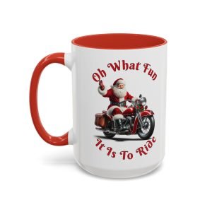 Santa motorcycle Christmas coffee mug, white with colored handle and inside