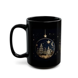 Noel ornament winter forest coffee mug, black ceramic