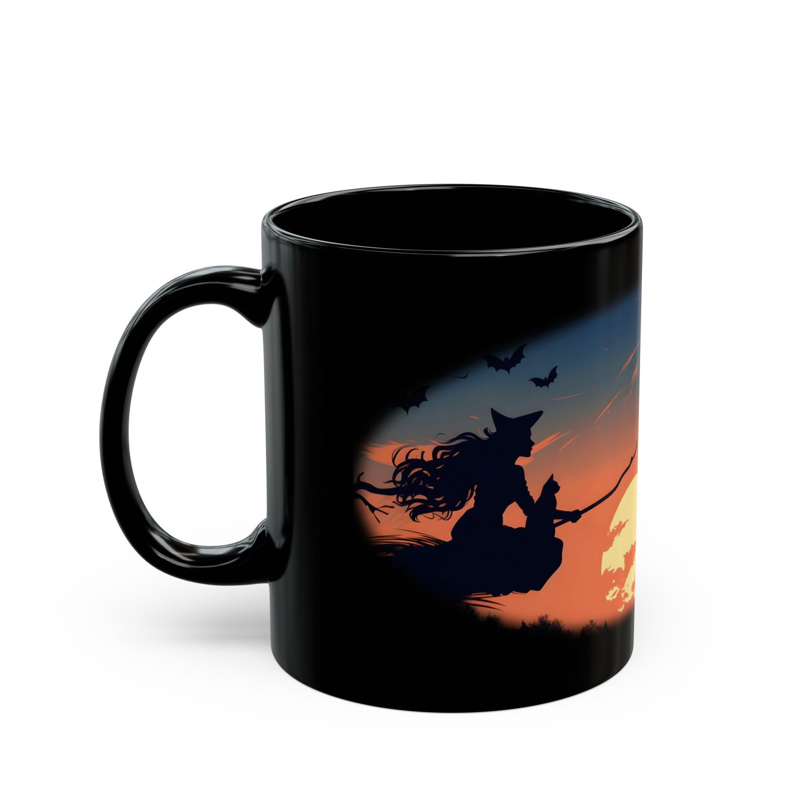 Black ceramic mug with witch silhouette flying past the moon
