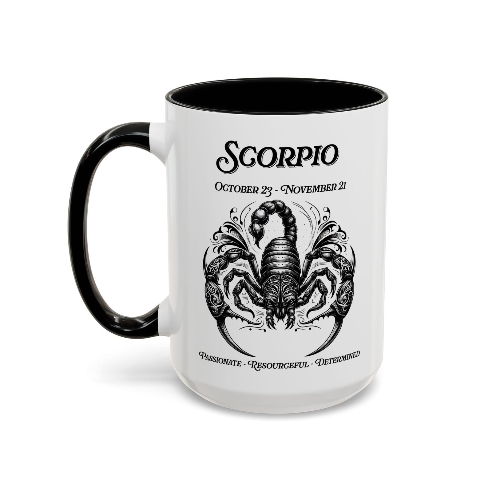 Scorpio zodiac sign coffee mug, white with black handle and inside